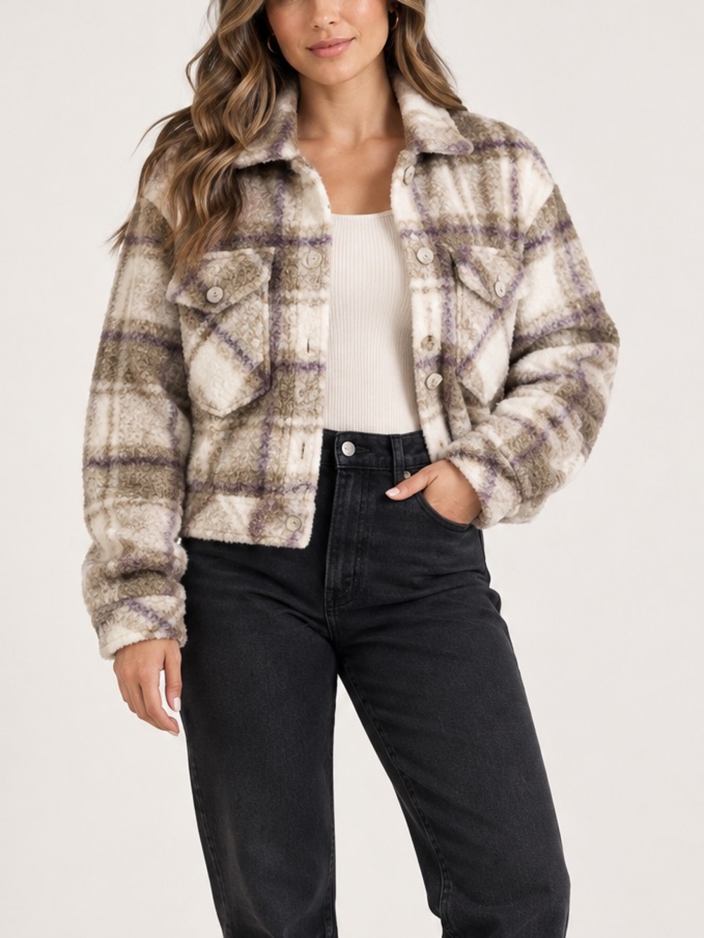 RD Style Zoe Plaid Brushed Sherpa Short Length Shacket Jacket